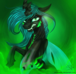 Size: 1231x1200 | Tagged: dead source, safe, artist:sevenada, queen chrysalis, changeling, changeling queen, female, horn, solo