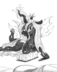 Size: 3000x3800 | Tagged: safe, artist:mark-terron, queen chrysalis, changeling, changeling queen, birthday, chrysalislover, monochrome, present, prone, solo, traditional art