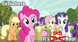 Size: 817x445 | Tagged: safe, derpibooru import, edit, edited screencap, screencap, applejack, fluttershy, pinkie pie, rarity, twilight sparkle, earth pony, pegasus, pony, unicorn, the super speedy cider squeezy 6000, caption, cider, image macro, inverted mouth, mug, roflbot