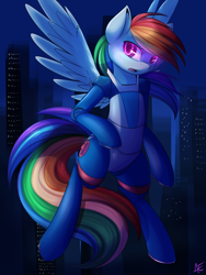 Size: 3000x4000 | Tagged: safe, artist:spittfireart, rainbow dash, cyborg, pegasus, pony, semi-anthro, bedroom eyes, bodysuit, bubblegum crisis, city, crossover, female, glowing eyes, hardsuit, night, open mouth, solo