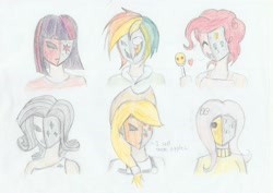 Size: 2078x1468 | Tagged: safe, artist:lordvader914, derpibooru import, applejack, fluttershy, pinkie pie, rainbow dash, rarity, twilight sparkle, dialogue, humanized, mask, traditional art