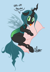 Size: 1080x1563 | Tagged: safe, artist:quarantinedchaoz, queen chrysalis, changeling, changeling queen, cute, cutealis, on side, pillow, solo, tongue out