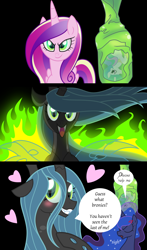 Size: 1304x2221 | Tagged: safe, artist:astralmelodia, artist:aurora-chiaro, princess celestia, princess luna, queen chrysalis, alicorn, changeling, changeling queen, pony, bad end, blushing, cocoon, disguise, disguised changeling, fake cadance, heart