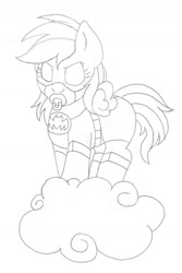 Size: 1064x1596 | Tagged: safe, artist:blackbewhite2k7, rainbow dash, pegasus, pony, baby, baby dash, baby pony, batman, batmare, cloud, female, mare, monochrome, simple background, sketch, solo, white background