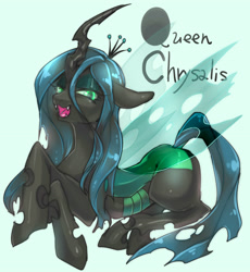 Size: 3277x3563 | Tagged: safe, artist:bifrst, queen chrysalis, changeling, changeling queen, fangs, female, high res, looking at you, pixiv, prone, solo