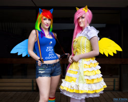 Size: 4162x3329 | Tagged: safe, fluttershy, rainbow dash, human, clothes, cosplay, dress, irl, irl human, midriff, photo