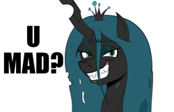 Size: 1280x824 | Tagged: safe, artist:thethunderpony, edit, queen chrysalis, changeling, changeling queen, fangs, grin, image macro, meme, solo, teeth, u mad