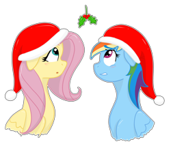 Size: 900x770 | Tagged: safe, artist:missitofu, fluttershy, rainbow dash, pegasus, pony, christmas, female, flutterdash, holly, holly mistaken for mistletoe, lesbian, now kiss, shipping