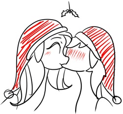 Size: 928x861 | Tagged: safe, artist:missitofu, fluttershy, rainbow dash, pegasus, pony, christmas, female, flutterdash, holly, holly mistaken for mistletoe, kissing, lesbian, shipping