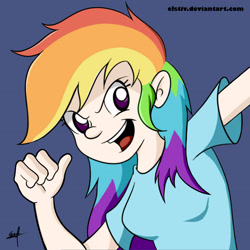 Size: 2952x2952 | Tagged: safe, artist:elstiv, rainbow dash, human, blue background, clothes, female, humanized, looking at you, shirt, simple background, solo