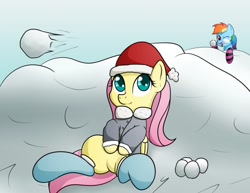 Size: 1017x786 | Tagged: safe, artist:10art1, fluttershy, rainbow dash, pegasus, pony, clothes, cute, hat, santa hat, snow, snowball fight, wink