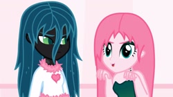 Size: 1676x941 | Tagged: safe, artist:mixermike622, queen chrysalis, oc, oc:fluffle puff, changeling, changeling queen, equestria girls, clothes swap