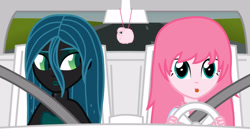 Size: 1493x839 | Tagged: safe, artist:mixermike622, queen chrysalis, oc, oc:fluffle puff, changeling, changeling queen, equestria girls, car, fluffle puff tales, ornament