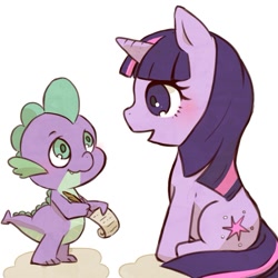 Size: 797x797 | Tagged: safe, artist:akebi, derpibooru import, spike, twilight sparkle, dragon, pixiv, quill, scroll