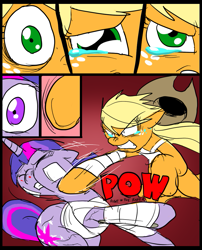 Size: 827x1025 | Tagged: safe, artist:metal-kitty, derpibooru import, applejack, twilight sparkle, earth pony, pony, comic:mlp project, angry, comic, crying, pow, punch