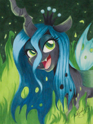 Size: 1024x1362 | Tagged: safe, artist:abbystarling, queen chrysalis, changeling, changeling queen, fire, markers, open mouth, smiling, solo, traditional art