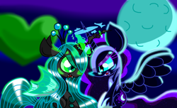 Size: 1600x970 | Tagged: safe, artist:lovehtf421, nightmare moon, queen chrysalis, changeling, changeling queen, fangs, fight, impossibly large ears, spread wings