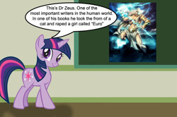 Size: 887x588 | Tagged: safe, derpibooru import, twilight sparkle, chalkboard, dr. seuss, human studies101 with lyra, meme, zeus