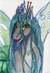 Size: 1100x1600 | Tagged: dead source, safe, artist:amber-wind, queen chrysalis, changeling, changeling queen, female, looking at you, solo, traditional art
