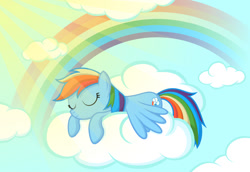 Size: 1275x878 | Tagged: safe, artist:ohemo, rainbow dash, pegasus, pony, cloud, cloudy, rainbow, sleeping, solo