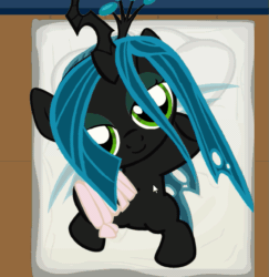 Size: 551x567 | Tagged: safe, artist:gmstav, queen chrysalis, changeling, changeling queen, nymph, :o, animated, baby, baby pony, cocoon, cute, foal, grimdark source, head tilt, joy pony, joypony, looking at you, on back, pacifier, smiling, solo, swaddled, swaddled baby, swaddling, unsexy bondage, wrapped snugly