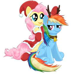 Size: 2560x2560 | Tagged: safe, artist:ohemo, fluttershy, rainbow dash, pegasus, pony, reindeer, antlers, christmas, clothes, costume, cute, dashabetes, female, frown, glare, hat, mare, messy mane, open mouth, reindeer dash, santa claus, santa costume, santa hat, shyabetes, simple background, sitting, smiling, transparent background, unamused, underhoof