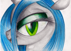 Size: 1494x1080 | Tagged: safe, artist:fladdrarblyg, queen chrysalis, changeling, changeling queen, bust, portrait, sneer, solo, traditional art