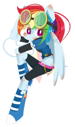 Size: 532x900 | Tagged: safe, artist:snow angel, rainbow dash, equestria girls, blushing, body blush, ear blush, goggles, midriff, no nose, ponied up, simple background, solo, transparent background