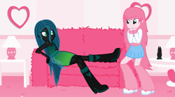 Size: 853x474 | Tagged: safe, artist:mixermike622, queen chrysalis, oc, oc:fluffle puff, changeling, changeling queen, equestria girls, youtube link