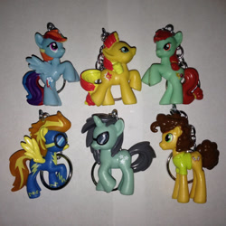 Size: 570x570 | Tagged: safe, candy apples, cheese sandwich, neon lights, rainbow dash, rising star, spitfire, sunset shimmer, pegasus, pony, apple family member, blind bag, custom, keychain, toy