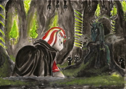 Size: 2332x1640 | Tagged: safe, artist:souleatersaku90, queen chrysalis, oc, changeling, changeling queen, pony, unicorn, cave, cloak, clothes, commission, fanfic, fanfic art, hive, throne, traditional art, watercolor painting