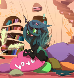 Size: 1000x1055 | Tagged: safe, artist:kolshica, artist:sulyo, queen chrysalis, changeling, changeling queen, behaving like a cat, blushing, cat teaser, pillow, solo