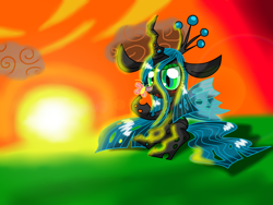 Size: 2272x1704 | Tagged: safe, artist:lovehtf421, queen chrysalis, butterfly, changeling, changeling queen, blushing, sitting, solo, sunset