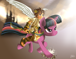 Size: 5000x3864 | Tagged: safe, artist:zelc-face, derpibooru import, twilight sparkle, angel, human, unicorn, crossover, humanized, humans riding ponies, kid icarus, kid icarus: uprising, pit (kid icarus), riding, winged humanization, wings