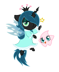 Size: 4500x5500 | Tagged: safe, artist:mysterious-lil-lady, artist:that-lil-trans-boy, queen chrysalis, oc, oc:fluffle puff, changeling, changeling queen, nymph, absurd resolution, chibi, cosplay, crossover, cute, cutealis, duo, duo female, female, flufflebetes, luma, rosalina, simple background, super mario bros., super mario galaxy, transparent background, weapons-grade cute