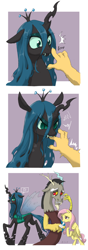 Size: 1000x2840 | Tagged: safe, artist:ta-na, discord, fluttershy, queen chrysalis, changeling, changeling queen, pegasus, pony, angry, bandage, bipedal, biting, blushing, boop, comic, crying, eye clipping through hair, fangs, floppy ears, frown, glare, gritted teeth, looking back, mouth hold, raised hoof, sad, sweat, sweatdrop, tsundalis, tsundere, wide eyes, wrong eye color