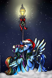 Size: 1475x2222 | Tagged: safe, artist:frostykat13, rainbow dash, soarin', pegasus, pony, clothes, female, hat, kissing, male, mistletoe, santa hat, scarf, shipping, soarindash, straight