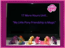 Size: 626x466 | Tagged: safe, derpibooru import, applejack, fluttershy, pinkie pie, rainbow dash, rarity, twilight sparkle, season 3, brushable, countdown, hype, irl, my little pony logo, official, photo, title drop, toy