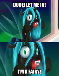 Size: 1400x1800 | Tagged: safe, artist:4as, queen chrysalis, changeling, changeling queen, dude let me in, fairy, image macro, meme, reference, seems legit, solo, window