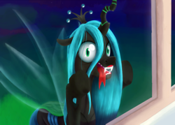 Size: 1280x914 | Tagged: safe, artist:4as, queen chrysalis, changeling, changeling queen, against glass, dude let me in, fairy, sharp teeth, solo, window