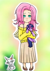 Size: 1764x2505 | Tagged: safe, artist:shiko-k, derpibooru import, angel bunny, fluttershy, twilight sparkle, bra strap, clothes, female, humanized, lesbian, shipping, skirt, sweatershy, toy, twishy, winged humanization