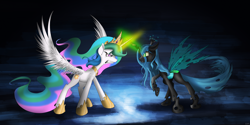 Size: 4000x2000 | Tagged: safe, artist:flamevulture17, princess celestia, queen chrysalis, alicorn, changeling, changeling queen, pony, female, glowing horn, horn