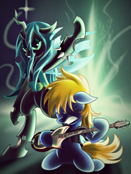 Size: 1500x2000 | Tagged: safe, artist:ruhisu, queen chrysalis, oc, oc:princess pomerania, changeling, changeling queen, earth pony, pony, clothes, concert, duo, electric guitar, grimace, guitar, heavy metal, looking at you, music, performance, powerslide, slide, smiling, t-shirt