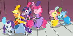 Size: 2200x1100 | Tagged: safe, artist:mrponiator, derpibooru import, applejack, fluttershy, pinkie pie, rainbow dash, rarity, twilight sparkle, earth pony, pegasus, pony, unicorn, clothes, dress, saloon dress, stage