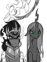 Size: 931x1212 | Tagged: safe, artist:mickeymonster, discord, king sombra, queen chrysalis, changeling, changeling queen, pony, unicorn, angry, floppy ears, frown, monochrome, neo noir, partial color, unamused