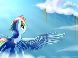 Size: 990x743 | Tagged: safe, artist:mercurycraft7, rainbow dash, pegasus, pony, detailed background, female, mare, solo