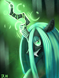 Size: 1200x1600 | Tagged: safe, artist:hitmore, queen chrysalis, changeling, changeling queen, glowing horn, solo