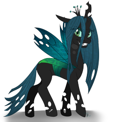 Size: 2000x2000 | Tagged: safe, artist:artisan-garden, artist:pizzapupperroni, queen chrysalis, changeling, changeling queen, female, floppy ears, grin, horn, looking at you, simple background, smiling, solo, standing, teeth, transparent background, wings