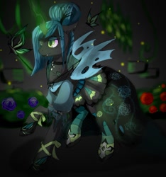 Size: 752x805 | Tagged: safe, artist:purrrfectartist, queen chrysalis, butterfly, changeling, changeling queen, alternate hairstyle, clothes, dress, earring, flower, goth, gothic, magic, necklace, shoes, solo