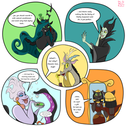 Size: 2048x2048 | Tagged: safe, artist:briarspark, discord, queen chrysalis, changeling, changeling queen, aladdin, antagonist, belly button, disney, lipstick, maleficent, mirage, phone, sleeping beauty, talking, the little mermaid, ursula